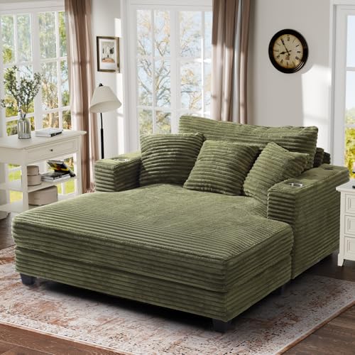 60" Oversized Chaise Lounge Chair with Wood Frame, USB Charging Port, Green, view 2