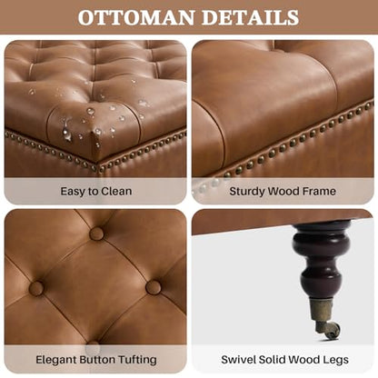 Square Storage Ottoman Coffee Table Tufted Upholstered Large Ottoman with Storage with Rolling Wheels Oversized Footrest Ottomans for Living Room, Brown Faux Leather