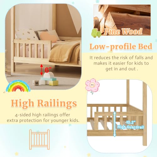 Full Montessori House Bed with High Rails & Canopy for Kids, Natural, view 5
