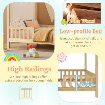 Full Montessori House Bed with High Rails & Canopy for Kids, Natural, view 5