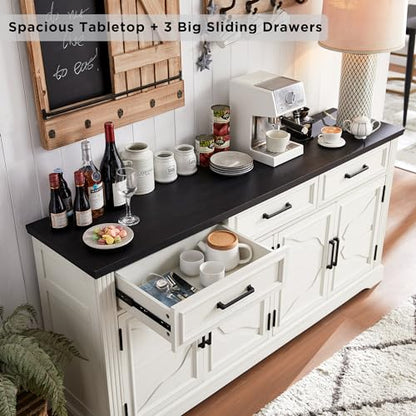 66" Farmhouse Buffet Cabinet with Storage, Sideboard Credenza with 4 Door Cabinets, Adjustable Shelves & 3 Drawers, Coffee Bar Cabinet for Dining Room, Kitchen, Living Room, Off White