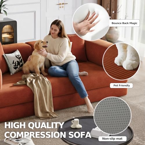 78.8'' Boneless Sleeper Sofa Bed,Convertible Futon Couch with Storage Pocket and 2 Pillows,Modular Corduroy Sofa for livingroom,Small speace,Orange