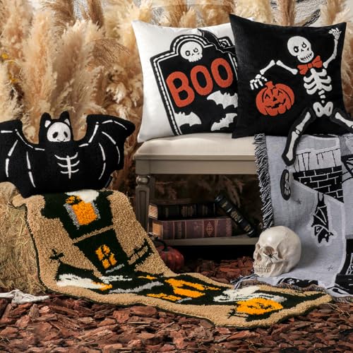 Happy Halloween Rug Haunted House Shaped Area Rug, Soft Tufted Floor Mat for Front Door, Non-Slip Decorative Rug Gothic Halloween Doormat for Living Room Bathroom, Black, 18 x 47 inches