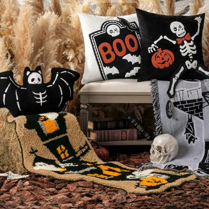 Happy Halloween Rug Haunted House Shaped Area Rug, Soft Tufted Floor Mat for Front Door, Non-Slip Decorative Rug Gothic Halloween Doormat for Living Room Bathroom, Black, 18 x 47 inches