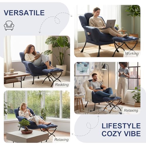 Lazy Chair with Ottoman, Modern Lounge Chair with Lumbar Pillow, Accent Cozy Reading Armchair and Folding Footstool for Bedroom, Dorm, Living Room,Navy