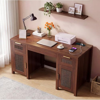 Modern Office Desk with 3 Drawers & 2-Door Cabinet, Ample Storage, view 4