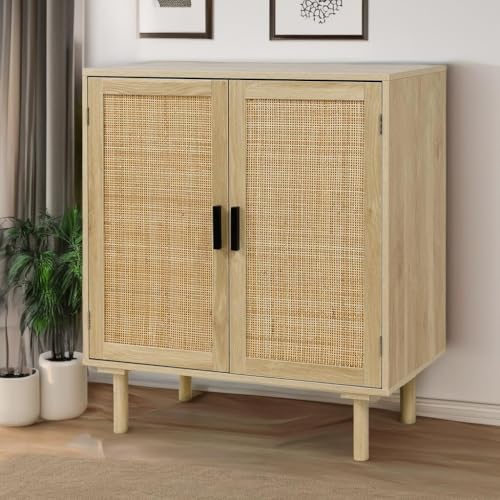 Sideboard Buffet Cabinet, Kitchen Storage Sideboard with Rattan Decorated Doors, Liquor Coffee Buffet, Dining Room, Hallway, Console Table, Accent Cabinet, 31.5X 15.8X 34.6 Inches, Natural