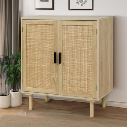 Sideboard Buffet Cabinet, Kitchen Storage Sideboard with Rattan Decorated Doors, Liquor Coffee Buffet, Dining Room, Hallway, Console Table, Accent Cabinet, 31.5X 15.8X 34.6 Inches, Natural