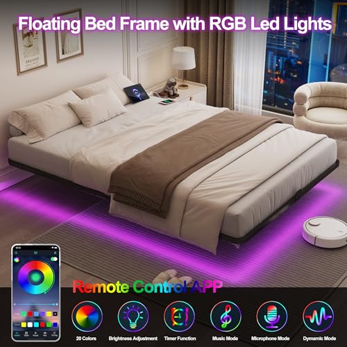 Full Size Floating Bed Frame with Smart LED Lights & Charging Station, view 5