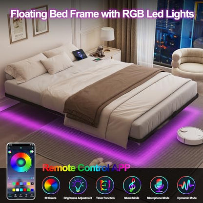 Full Size Floating Bed Frame with Smart LED Lights & Charging Station, view 5