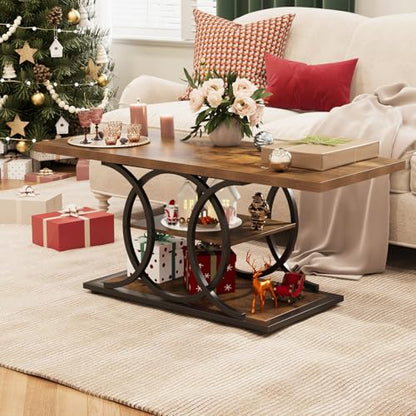 Rustic Coffee Table with Storage Industrial 3 Tier Center Living Room Table Farmhouse Wooden Rectangle Cocktail Tea Table for Office Bedroom Elegant Full Moon Round Metal Frame (Brown, L-47)