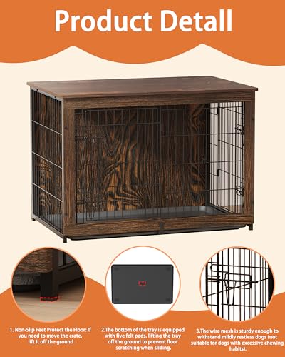Wooden Dog Crate Furniture with Cushion, Dog Crate End Table with Tray, view 6