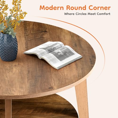Round Coffee Table, 32'' Wood Coffee Tables for Living Room with Storage, 2-Tier Center Circle Counter with Wooded Desktop, 50 lbs Capacity, Anti-Slip Feet, Modern Farmhouse Design, Brown