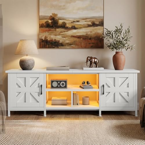 Farmhouse TV Stand with Power Outlets for TVs up to 75 Inch, White, view 2