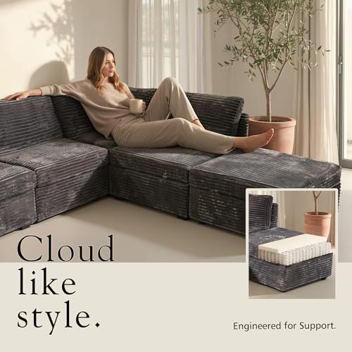 6-Pieces Modular Sectional Corduroy Sofa Set, U Shaped Couch Reversible Chaise Modular Sectional Couch, 125 inch Width, 6 Seat Modular Sofa with Ottoman, Gray