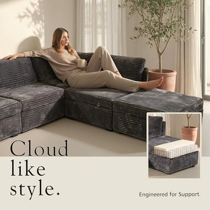 6-Pieces Modular Sectional Corduroy Sofa Set, U Shaped Couch Reversible Chaise Modular Sectional Couch, 125 inch Width, 6 Seat Modular Sofa with Ottoman, Gray