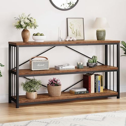 Industrial Console Entryway Table, Metal Wood Rustic Sofa Table with Storage, Farmhouse 3 Tier Shelf Long Hallway Foyer Entry Tables Behind Couch for Home Living Room Entryway, Rustic Brown, 55 In