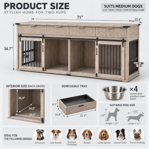 71" Double Dog Crate Furniture, Gray Oak Furniture Crate with Divider, view 5