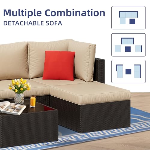 5 Piece Patio Furniture Sets, Outdoor Patio Set Sectional Sofa, All-Weather PE Rattan Outdoor Couch with Ottoman, Glass Table for Garden, Backyard, Porch, Beige