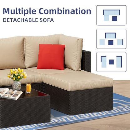 5 Piece Patio Furniture Sets, Outdoor Patio Set Sectional Sofa, All-Weather PE Rattan Outdoor Couch with Ottoman, Glass Table for Garden, Backyard, Porch, Beige