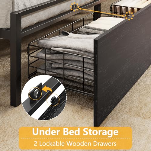 King Size Bed Frame with 2 Drawers and Storage Headboard Black, Charging Station, view 5