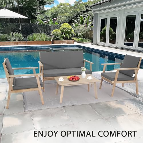 Outdoor Patio Furniture, 4 Piece Acacia Wood Sofa Set w/Coffee Table, Patio Table and Chairs Set for Deck, Balcony, Backyard (Light Natural)