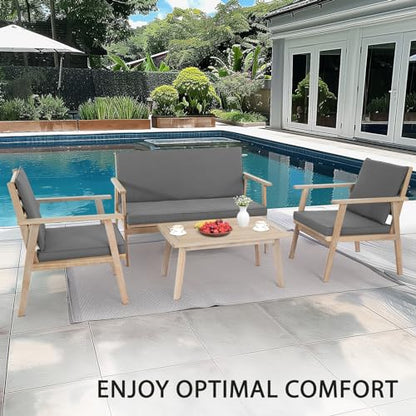 Outdoor Patio Furniture, 4 Piece Acacia Wood Sofa Set w/Coffee Table, Patio Table and Chairs Set for Deck, Balcony, Backyard (Light Natural)