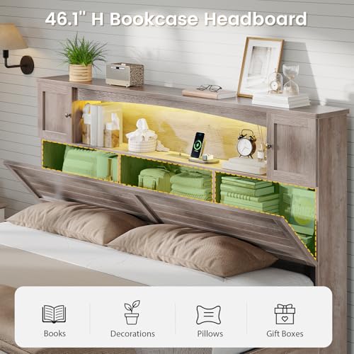 Farmhouse King Size Bed Frame with Bookcase and Storage Cabinets Headboard, view 4