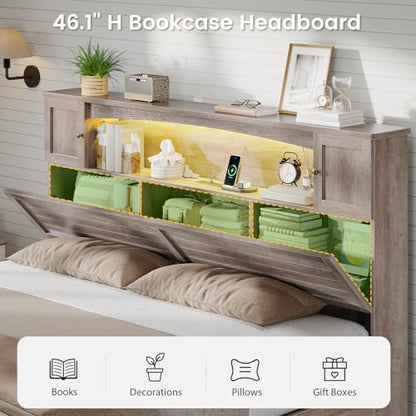 Farmhouse King Size Bed Frame with Bookcase and Storage Cabinets Headboard, view 4