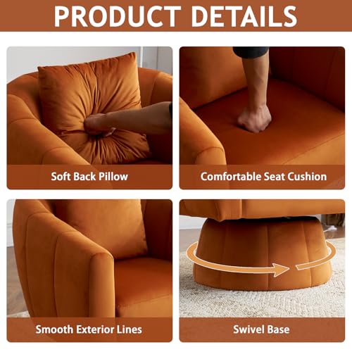 360° Swivel Velvet Accent Chair with Fluffy Cushions, Orange