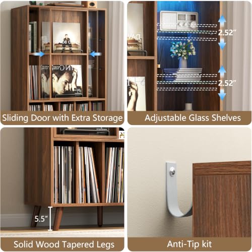 Large Record Player Stand w/Power Outlet & LED Lights, Holds Up 350+ Albums, view 7