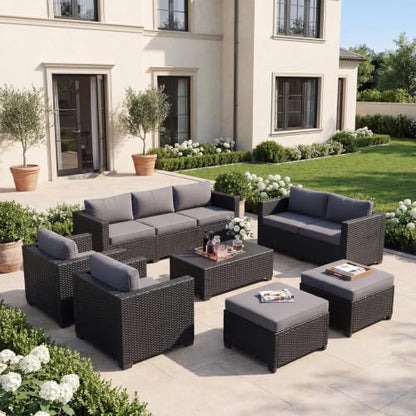 7-Piece Outdoor Patio Furniture Set, Rattan Outdoor Sectional with Thick Waterproof Cushions, Wicker Ottomans & Waterproof Cover, Patio Conversation Set for Garden, Backyard,Grey