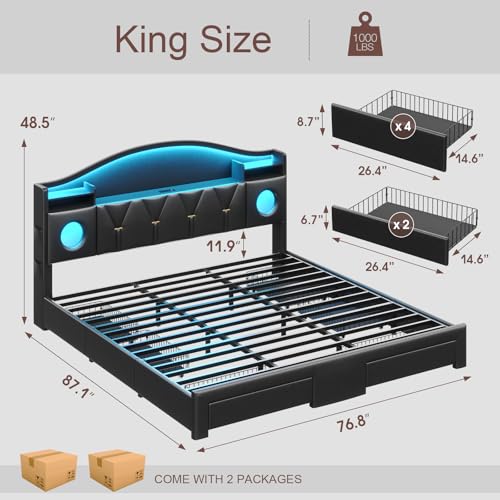 King Size Bed Frame with 6 Storage Drawers, King Bed Frame and Headboard, view 3