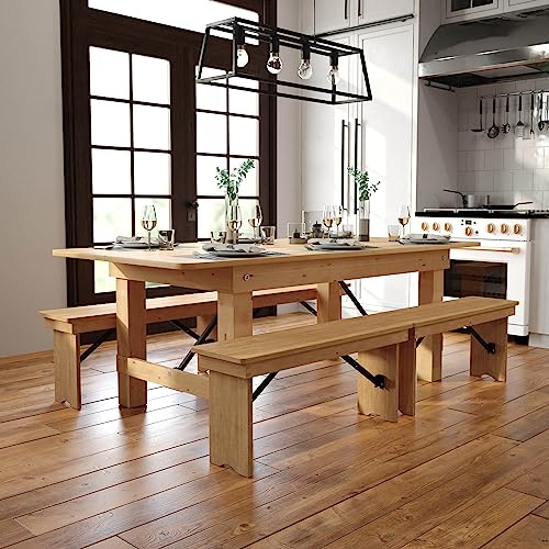 HERCULES 7' x 40" Rectangular Antique Rustic Solid Pine Folding Farm Table, Light Natural