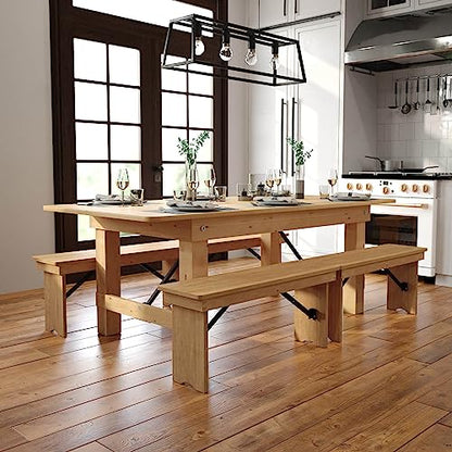 HERCULES 7' x 40" Rectangular Antique Rustic Solid Pine Folding Farm Table, Light Natural