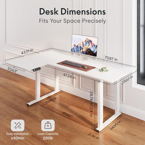 FLEXISPOT 4-Leg L-Shaped Standing Desk, 71 x 43 Inches, White, view 3