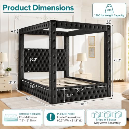 Black Queen Size Canopy Bed Frame with Velvet Upholstered Headboard, view 3