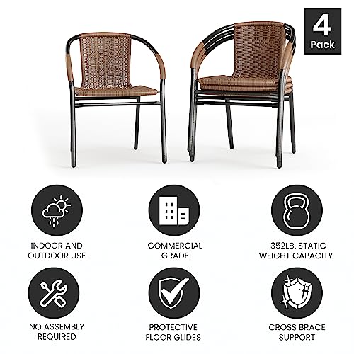 Lila Modern Rattan Indoor/Outdoor Stackable Dining Chairs, Stacking Rattan Bistro Chairs for Patio or Restaurant, Set of 4, Brown