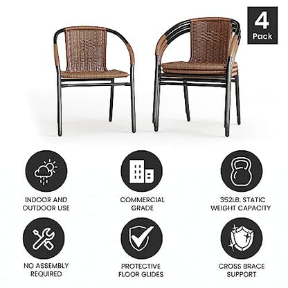 Lila Modern Rattan Indoor/Outdoor Stackable Dining Chairs, Stacking Rattan Bistro Chairs for Patio or Restaurant, Set of 4, Brown