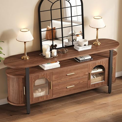 Mid-Century TV Stand for TVs up to 70, Entertainment Center with Storage Drawer and Sliding Door, Walnut TV Console for Living Room, Bedroom
