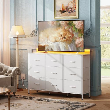 White Dresser TV Stand 9 Drawers, Fabric Chest of Drawers LED Lights, view 3