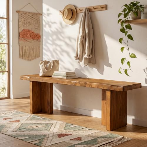55 Inch Wooden Entryway Bench with Live Edge, Solid Wood Shoe Bench for Entrance, End of Bed for Bedroom, Entryway, Hallway, Indoor, Rustic Brown