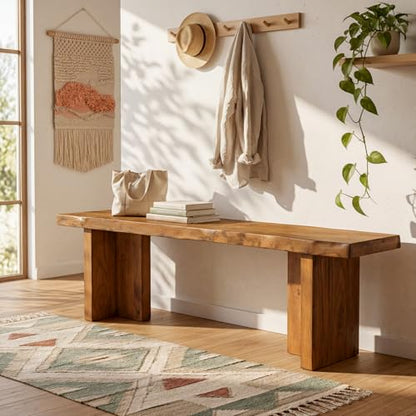 55 Inch Wooden Entryway Bench with Live Edge, Solid Wood Shoe Bench for Entrance, End of Bed for Bedroom, Entryway, Hallway, Indoor, Rustic Brown