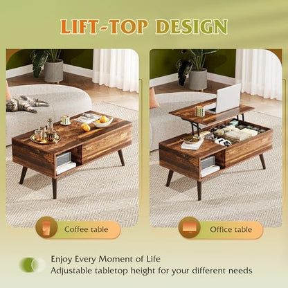 Coffee Table with Storage & Lifting Top for Living Room, 21" Small Lift Top for Small Space Apartment, 31" Wooden Multifunctional Coffee & Dining Center Table for Home Office Work, Rustic Brown