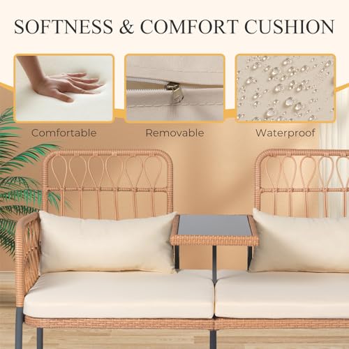 ROHIKER Outdoor Patio Loveseat Rattan Loveseat 2-Seat Furniture with Built-in Table, Lumbar Pillows and Cushions, All-Weather Small Patio Couch for Balcony, Lawn, Backyard