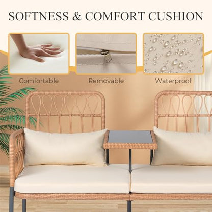ROHIKER Outdoor Patio Loveseat Rattan Loveseat 2-Seat Furniture with Built-in Table, Lumbar Pillows and Cushions, All-Weather Small Patio Couch for Balcony, Lawn, Backyard