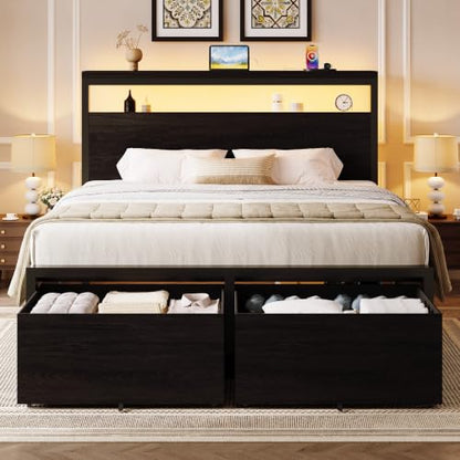 Queen LED Bed Frame, 2 Storage Drawers, Charging Station, Black, view 2