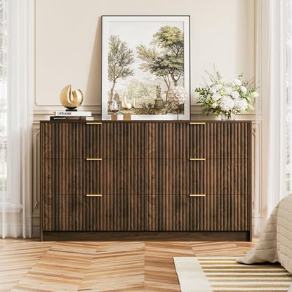 Walnut Dresser for Bedroom, Modern Dresser with 6 Drawers and Smooth Slides, view 6