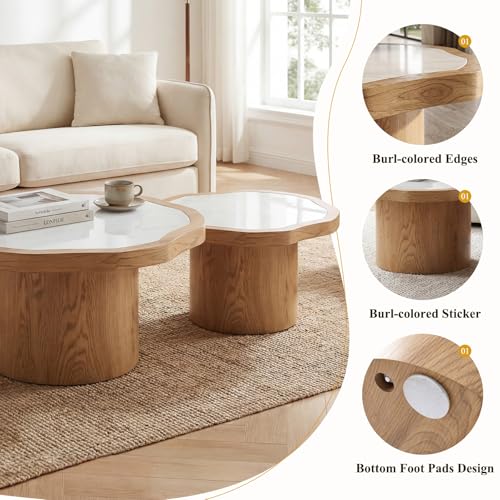 Nesting Coffee Table Set of 2, Modern Coffee Table and End Table Set, Fiberglass Top Wood Grain Accent Table for Living Room Bedroom, Natural Color