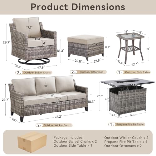 8 Pieces Patio Furniture Set with 42.5" Fire Pit Table-All Weather Wicker Outdoor Furniture with High Back Wicker Patio Chairs Set of 2 Outdoor Couch for Deck Backyard Gray/Beige